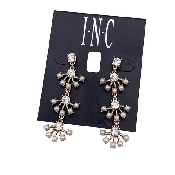 I.N.C Faux Pearl Crystal Dangle Drop Linear Earrings Post Back Closure - Picture 1 of 4